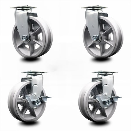 Service Caster 6 Inch V-Groove Semi Steel Swivel Caster Set with Roller Bearings 2 Brakes SCC SCC-20S620-VGR-2-TLB-2